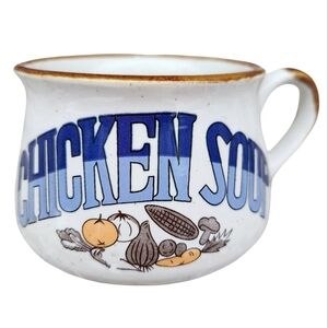 Vintage 1970s Stoneware Chicken Soup Mug with Blue Lettering